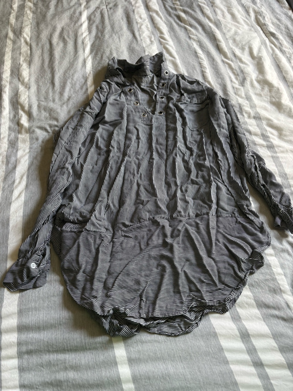 Black and White Striped Long-Sleeve Blouse or Swim Cover-Up